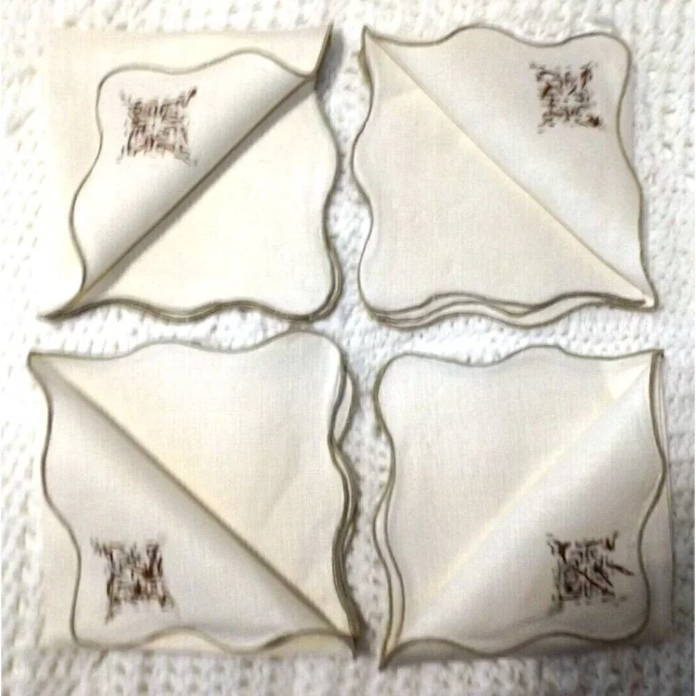 Set of 4 beige linen napkins brown & tan cross stitch design scalloped edge
